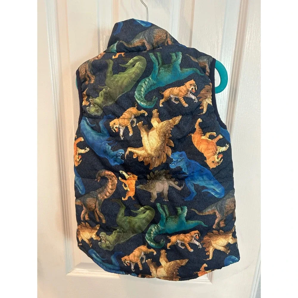 MoMoLand Puffer Vest Blue Dinosaur Tiger Print Zip Up Quilted Sleeveless Jacket‎